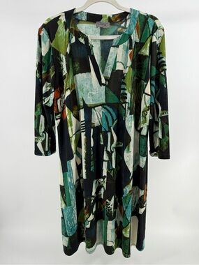 Jostar Green Artsy Abstract Print Long Sleeve Stretch Knit Dress, Women's XL